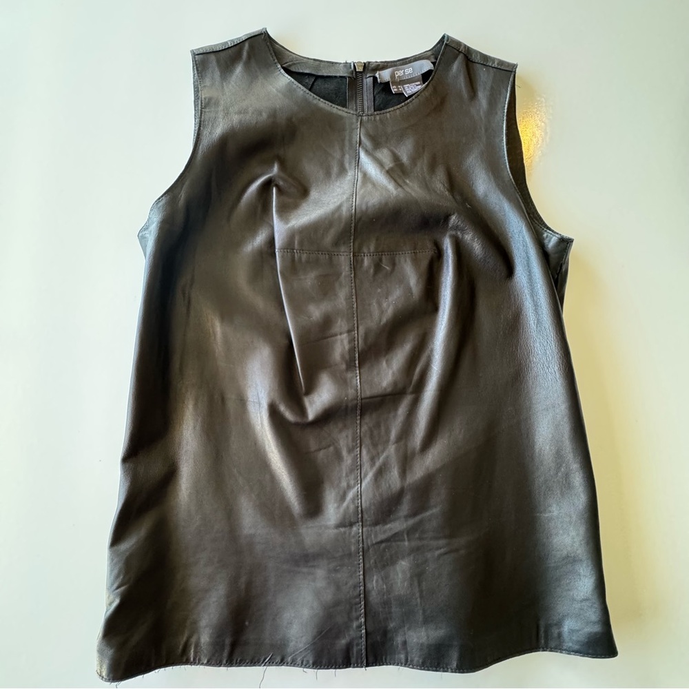 Black Leather Sleeveless Crewneck Top by per se Womens Size 4